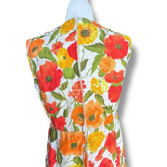 Vintage 60s Handmade Sleeveless Floral Shift Dress Red Orange Poppy Floral Print - Picture 6 of 11